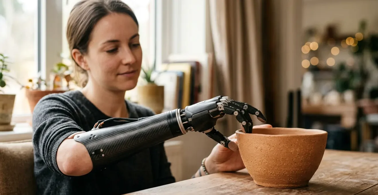 Close-up of an advanced prosthetic arm showcasing the integration of technology and human connection for sensation restoration