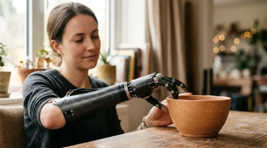 Close-up of an advanced prosthetic arm showcasing the integration of technology and human connection for sensation restoration