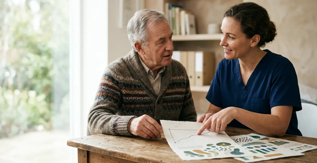 Medical professional reviewing blood test results with patient showing personalized health data tracking