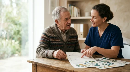 Medical professional reviewing blood test results with patient showing personalized health data tracking