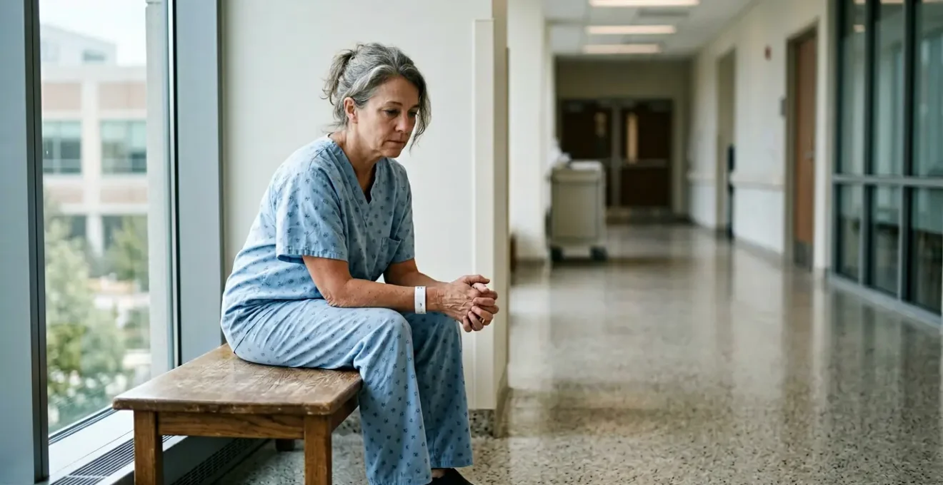 A patient sitting in a quiet hospital corridor, wearing hospital gown, looking contemplative with natural window light creating a thoughtful atmosphere