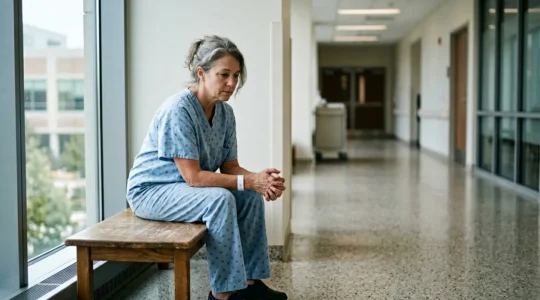 A patient sitting in a quiet hospital corridor, wearing hospital gown, looking contemplative with natural window light creating a thoughtful atmosphere