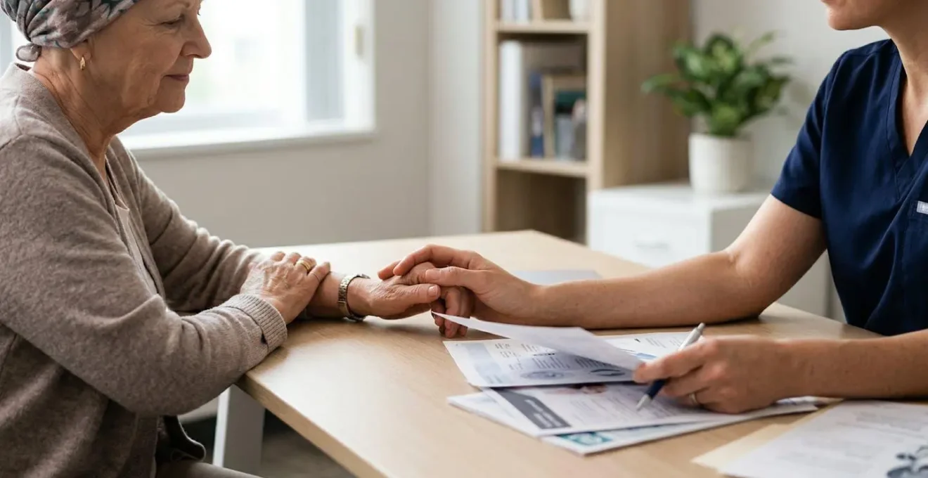 Professional editorial photograph showing a compassionate cancer care consultation moment with medical documents and natural lighting