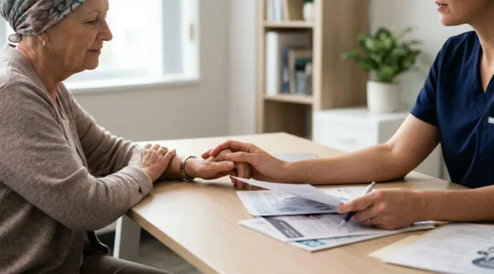 Professional editorial photograph showing a compassionate cancer care consultation moment with medical documents and natural lighting