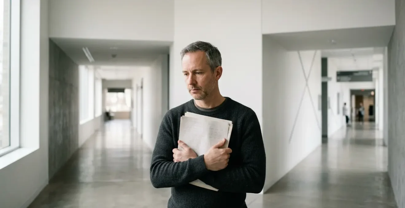 Person contemplating medical research participation at a symbolic decision point