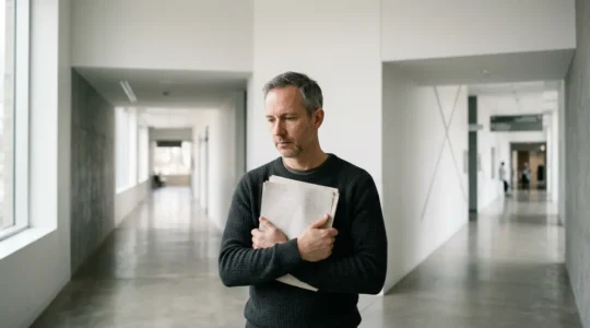 Person contemplating medical research participation at a symbolic decision point