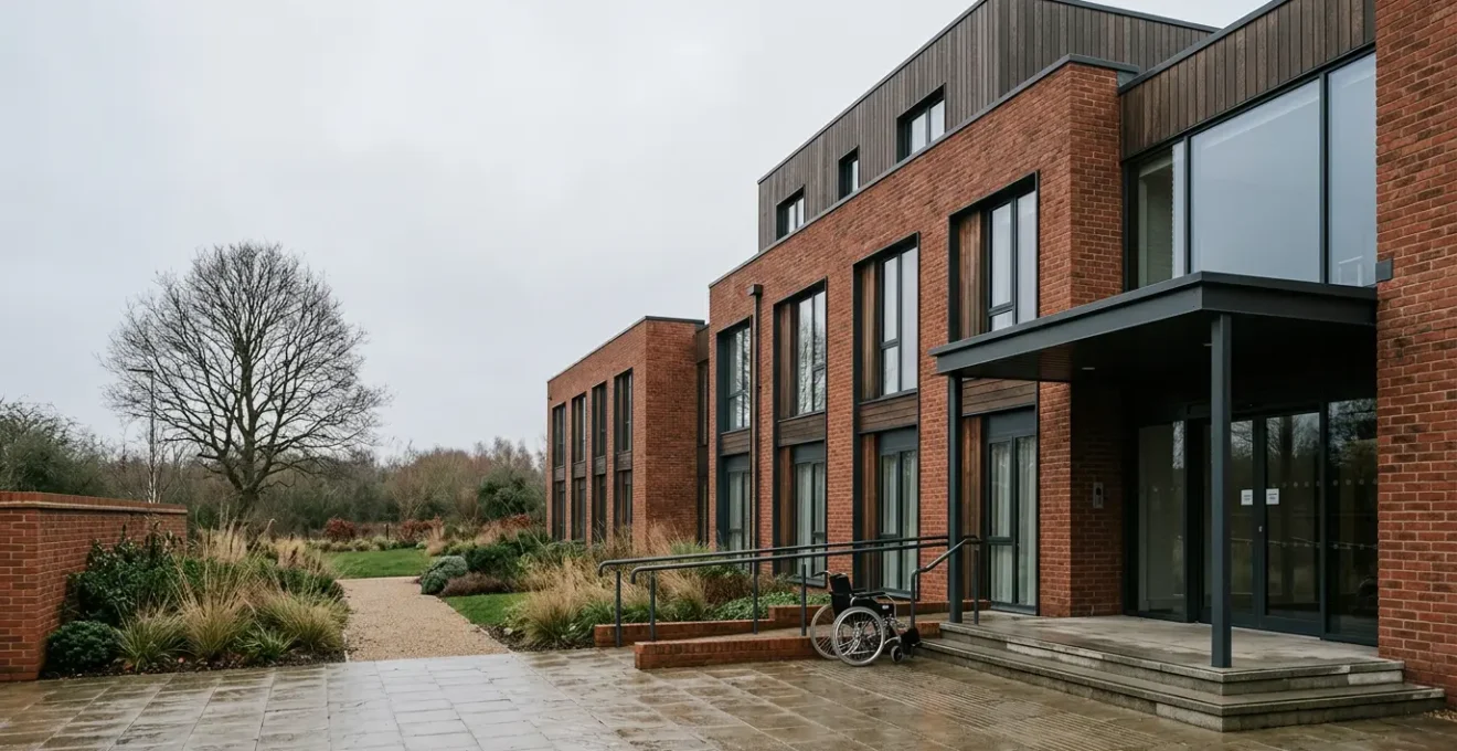 Healthcare facility exterior viewed through dramatic lighting showing institutional architecture with concerns about patient care quality