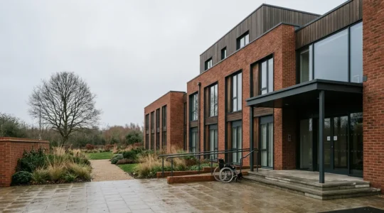 Healthcare facility exterior viewed through dramatic lighting showing institutional architecture with concerns about patient care quality