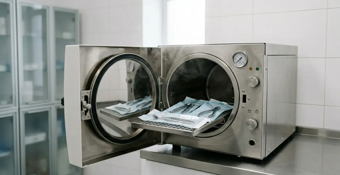 Modern dental autoclave sterilization equipment ensuring patient safety through high-pressure steam sterilization