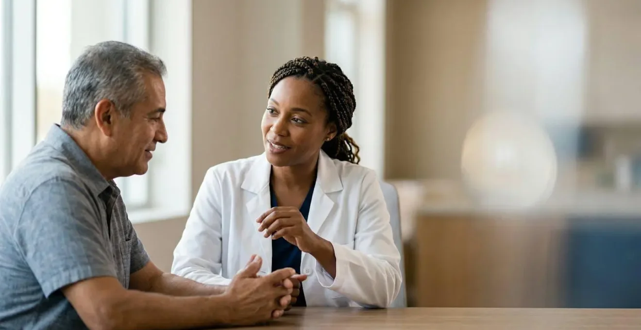 Professional medical consultation scene showing collaborative healthcare decision-making