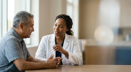 Professional medical consultation scene showing collaborative healthcare decision-making