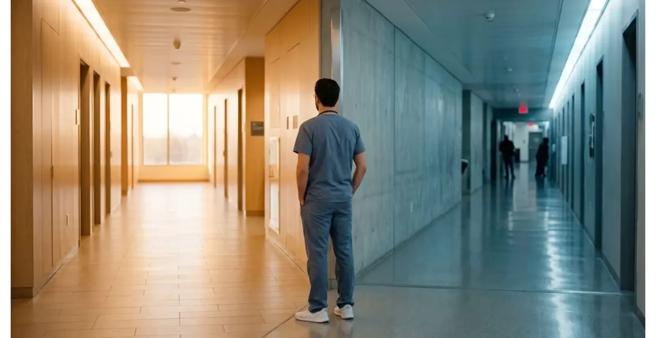 Exhausted medical resident in hospital corridor at a metaphorical crossroads between demanding career and personal life