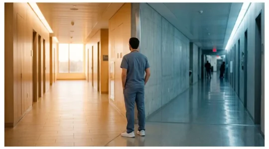 Exhausted medical resident in hospital corridor at a metaphorical crossroads between demanding career and personal life
