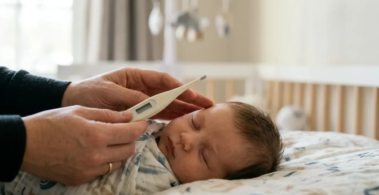 Close-up of a concerned parent checking temperature of a sleeping baby under three months old with a digital thermometer