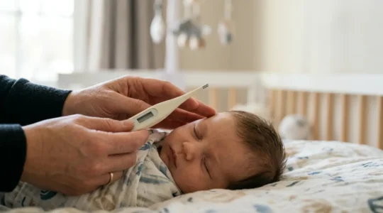 Close-up of a concerned parent checking temperature of a sleeping baby under three months old with a digital thermometer