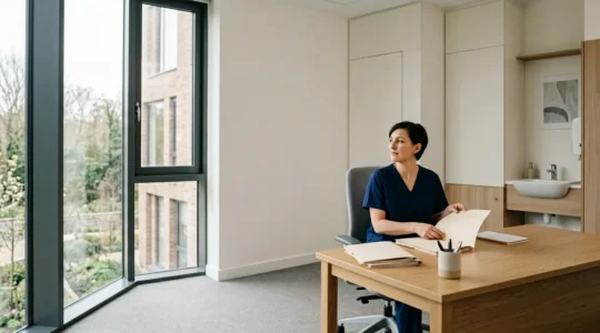 Professional medical consultation scene showing transparent credentialing process in UK healthcare setting