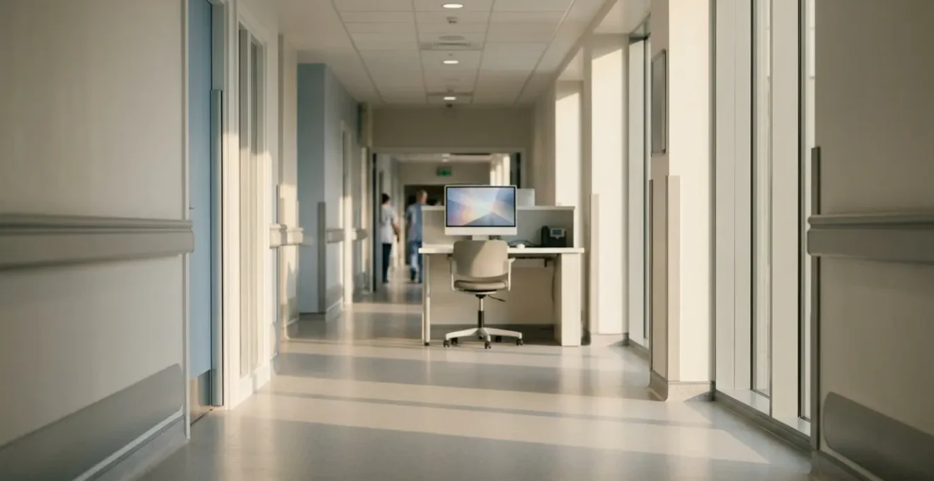 Modern hospital corridor with digital interfaces showing disconnected data systems symbolizing NHS interoperability challenges