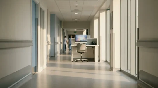 Modern hospital corridor with digital interfaces showing disconnected data systems symbolizing NHS interoperability challenges
