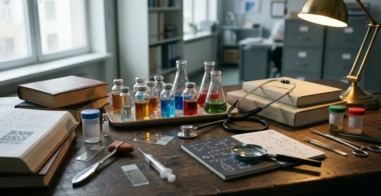 Internal medicine specialist examining interconnected medical clues and complex diagnostic pathways in hospital environment