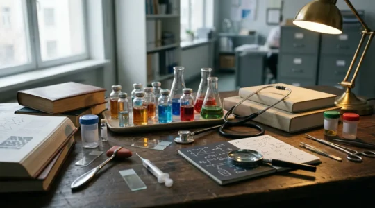 Internal medicine specialist examining interconnected medical clues and complex diagnostic pathways in hospital environment