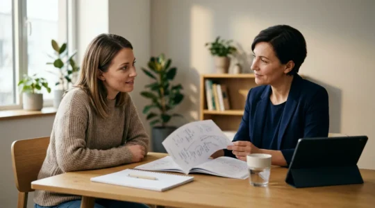 Person with epilepsy consulting with neurologist about medication tapering in a calm, professional medical setting