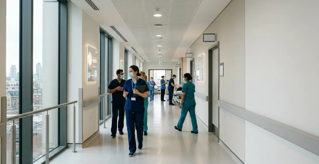 Modern NHS emergency department with advanced digital technology reducing patient waiting times
