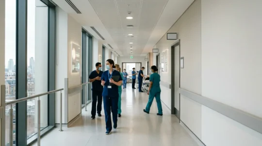 Modern NHS emergency department with advanced digital technology reducing patient waiting times