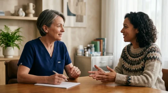 Healthcare professional and patient engaged in focused consultation during medical appointment