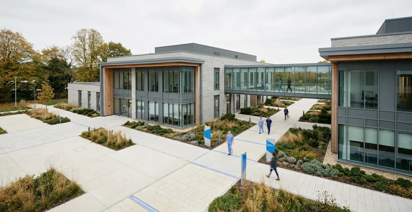 Aerial view of modern primary care medical center with connecting pathways symbolizing practice integration and collaborative healthcare delivery