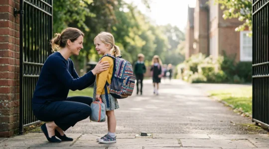 Parent and young child preparing for school entry with vaccination protection