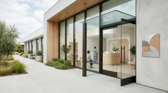 Modern ambulatory surgery center entrance with clean architectural lines and natural daylight