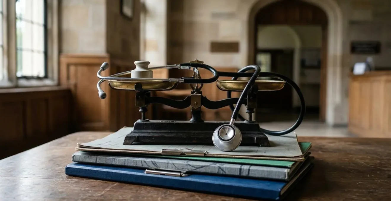 Symbolic representation of NHS accountability and medical governance with balanced scales and clinical documentation