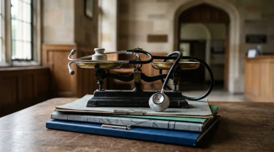 Symbolic representation of NHS accountability and medical governance with balanced scales and clinical documentation