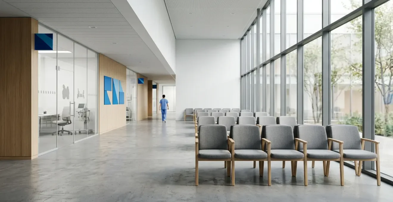 Modern hospital waiting room contrasted with clinical consultation environment illustrating NHS versus private healthcare pathways for hip replacement surgery