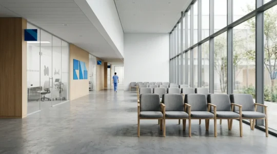 Modern hospital waiting room contrasted with clinical consultation environment illustrating NHS versus private healthcare pathways for hip replacement surgery