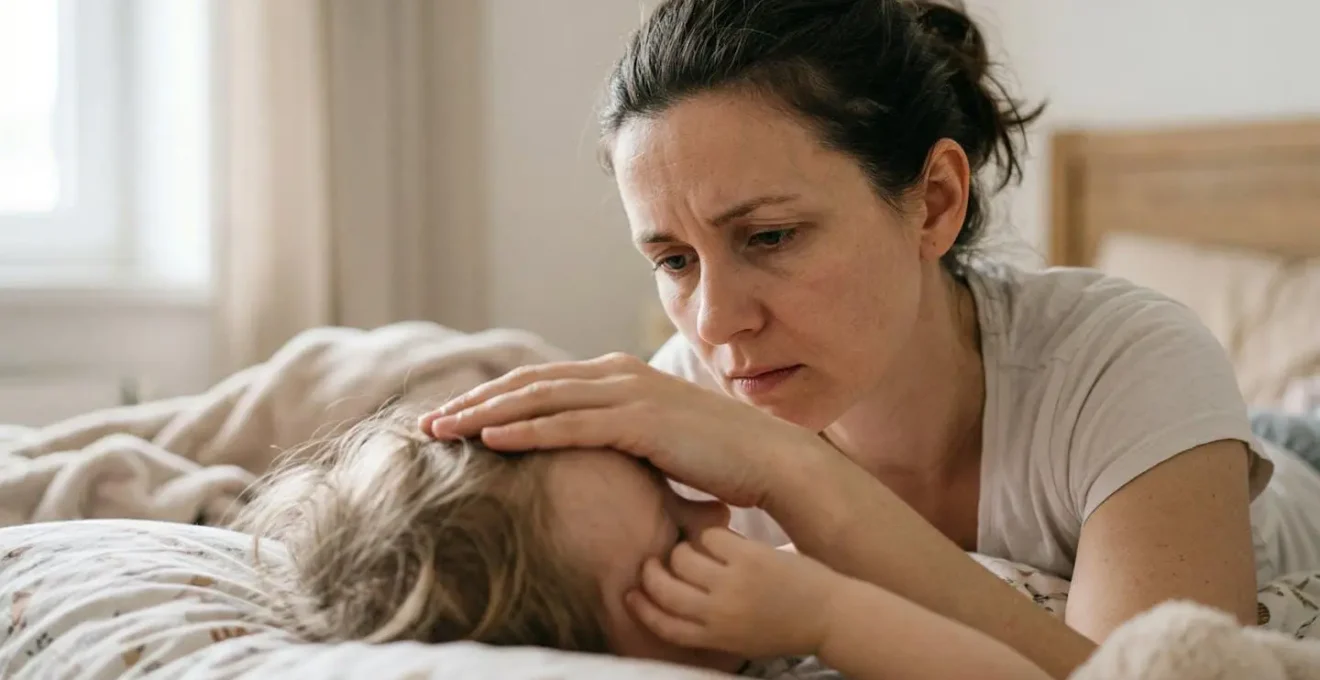 Parent carefully observing sick child in home setting during early sepsis warning signs assessment