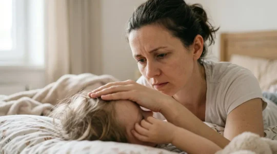 Parent carefully observing sick child in home setting during early sepsis warning signs assessment