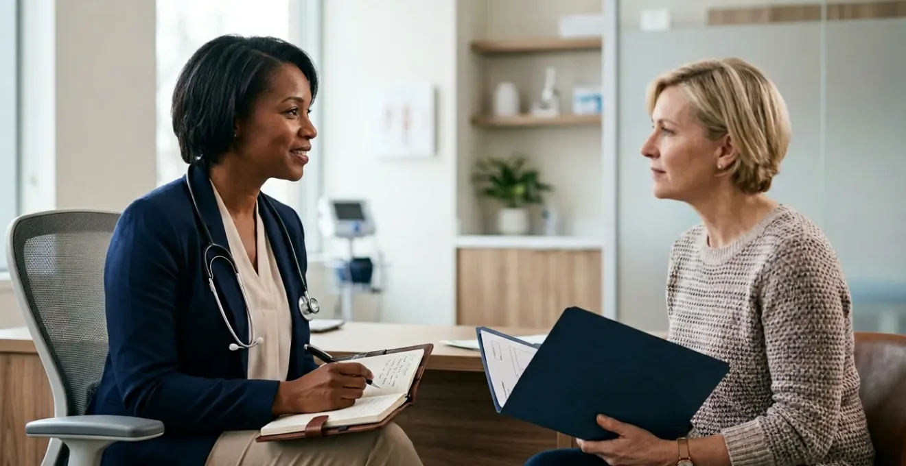 Patient having collaborative medical discussion with physician about complex health symptoms