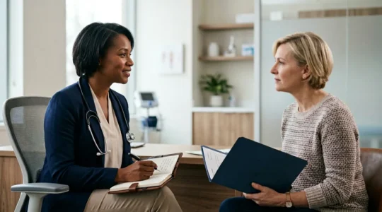 Patient having collaborative medical discussion with physician about complex health symptoms