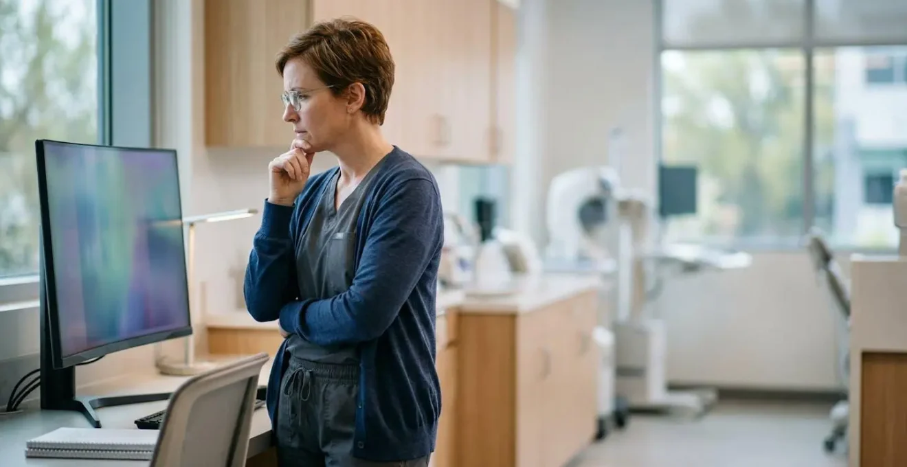 A thoughtful medical professional reviewing data in a modern clinical environment, representing the intersection of genetic medicine and patient accessibility