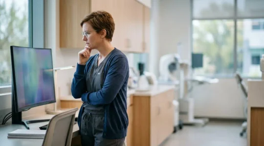 A thoughtful medical professional reviewing data in a modern clinical environment, representing the intersection of genetic medicine and patient accessibility