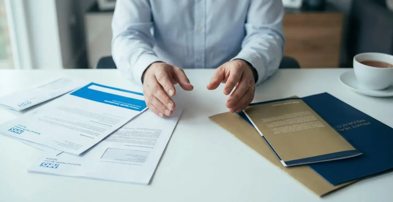 Professional contemplating healthcare choices between NHS and private insurance paths