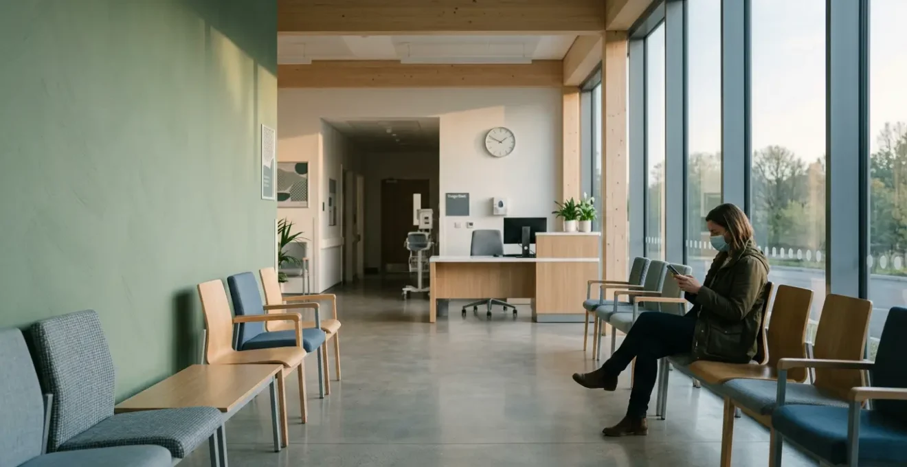 A person checking their watch in a modern hospital waiting area with natural lighting and clean architectural lines