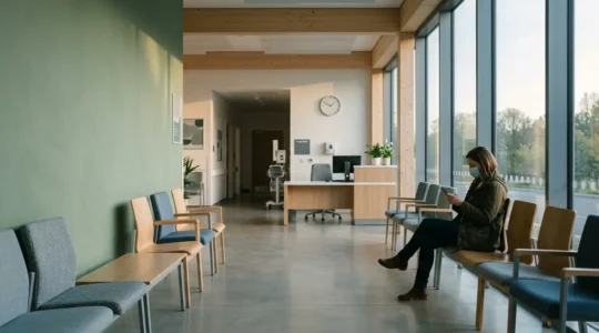 A person checking their watch in a modern hospital waiting area with natural lighting and clean architectural lines