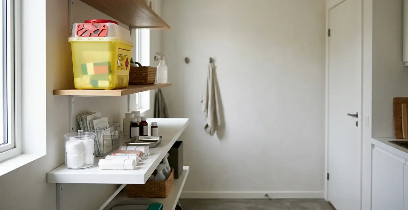 A well-organized home medical waste disposal setup with a puncture-resistant sharps container in a secure location