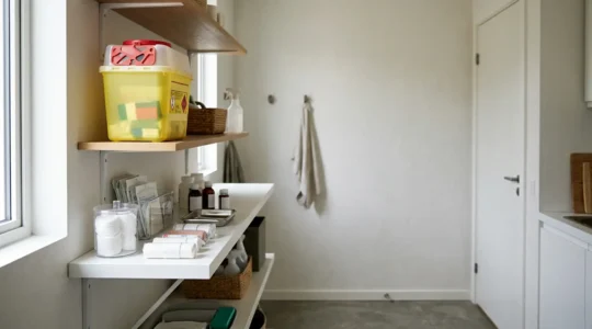 A well-organized home medical waste disposal setup with a puncture-resistant sharps container in a secure location