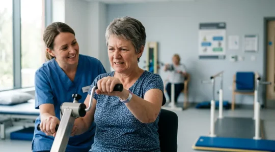 Person engaged in guided physiotherapy exercises in a calm NHS rehabilitation setting