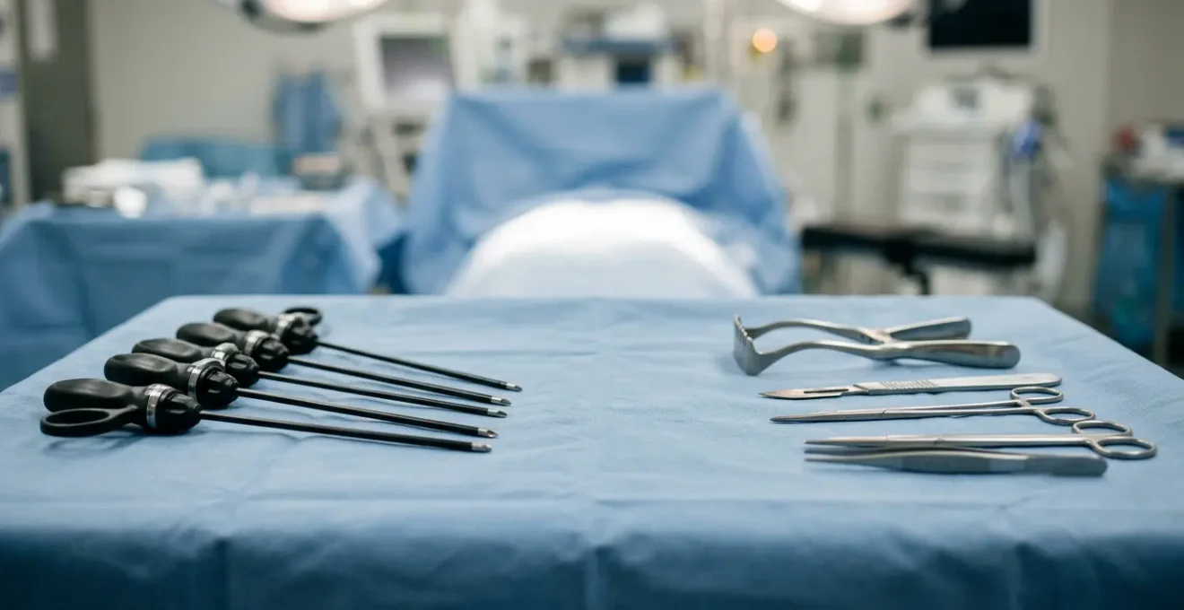 Close-up view of sterile surgical environment with laparoscopic instruments and open surgical tools