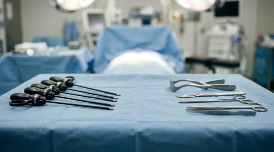 Close-up view of sterile surgical environment with laparoscopic instruments and open surgical tools