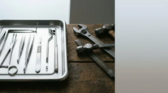 High-precision surgical instruments and their sterilization equipment showcasing technical complexity and medical-grade quality